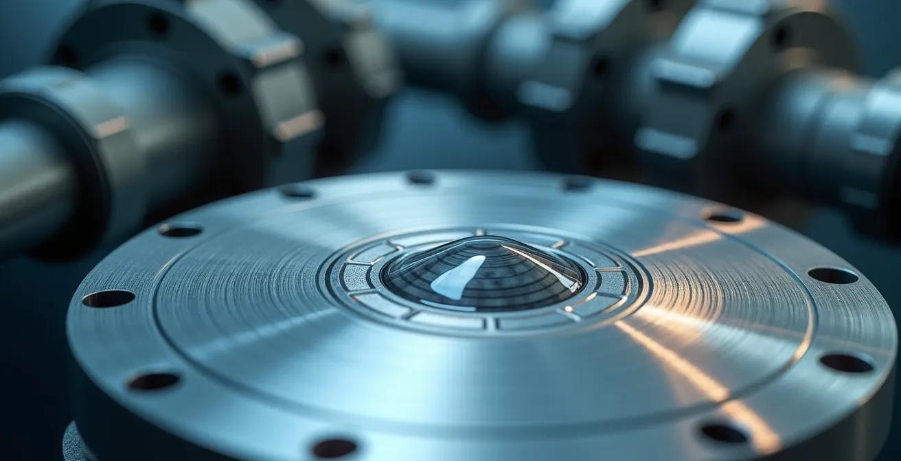 Detalle macro de sensor de agua KNX detectando humedad con válvula de corte automático en segundo plano