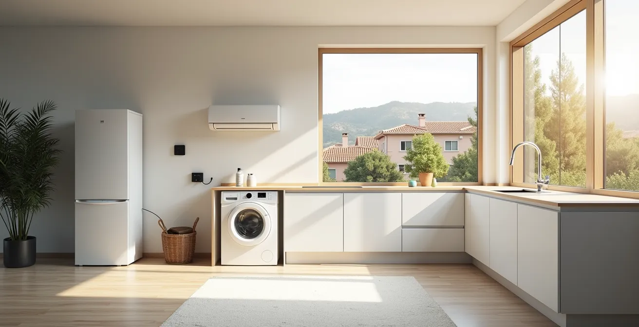 Sistema domótico controlando electrodomésticos con paneles solares en tejado español