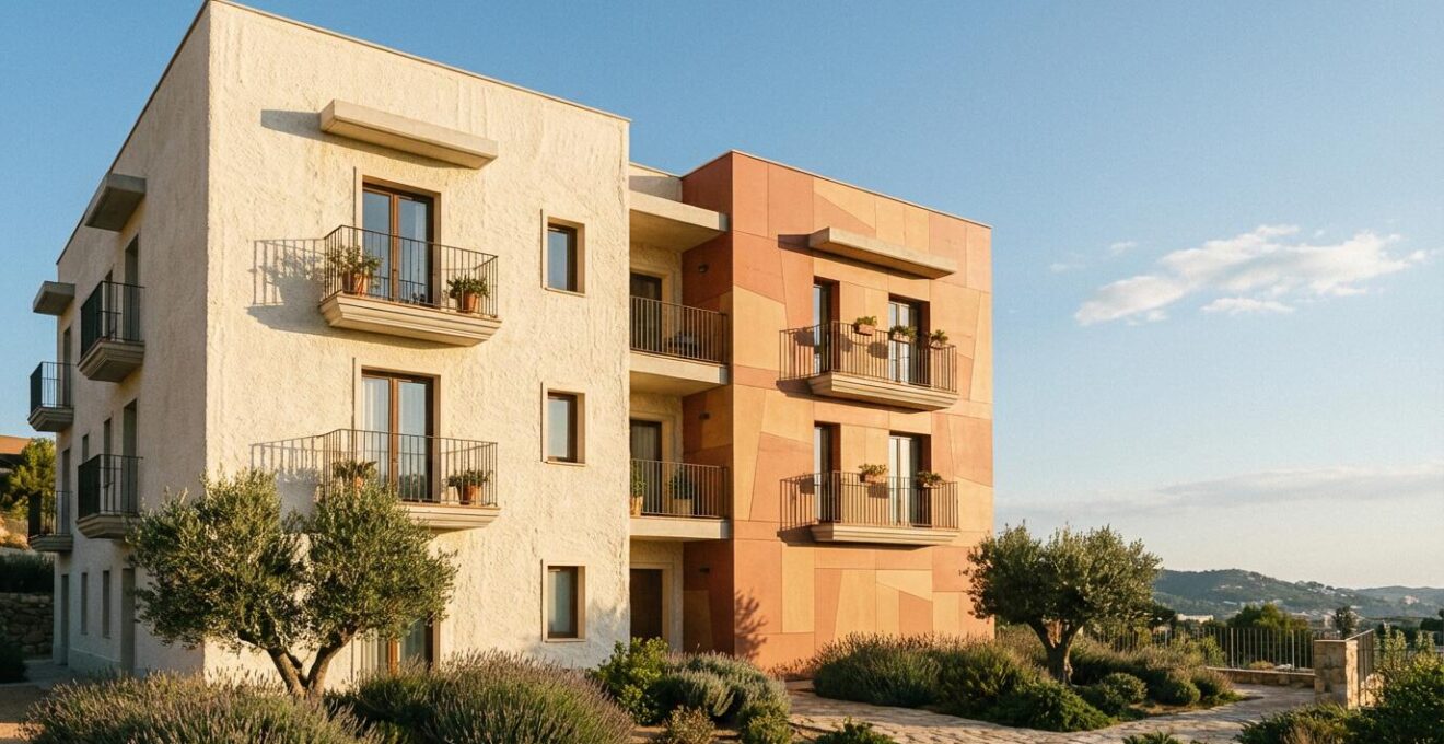 Comparación visual de sistemas SATE y fachada ventilada en edificio moderno