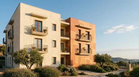 Comparación visual de sistemas SATE y fachada ventilada en edificio moderno
