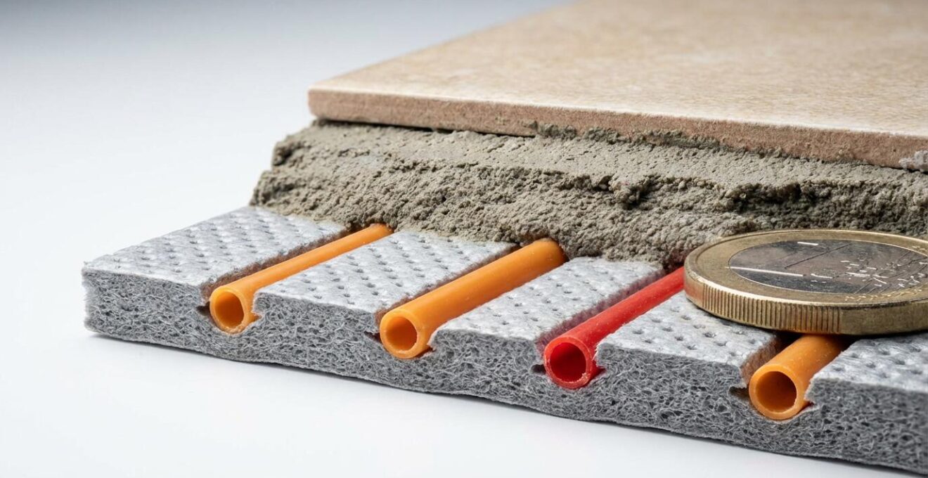 Sección transversal de sistema de suelo radiante de bajo perfil mostrando las capas y altura reducida