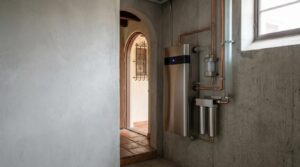 Sistema de reciclaje de aguas grises instalado en el sótano de una casa unifamiliar española