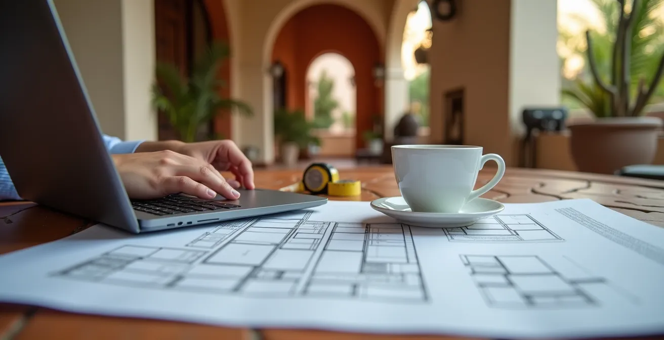 Persona trabajando en ordenador portátil con documentos de rehabilitación energética en mesa moderna