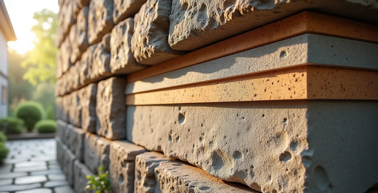 Corte arquitectónico mostrando capas de aislamiento natural en muro de piedra con paneles de corcho