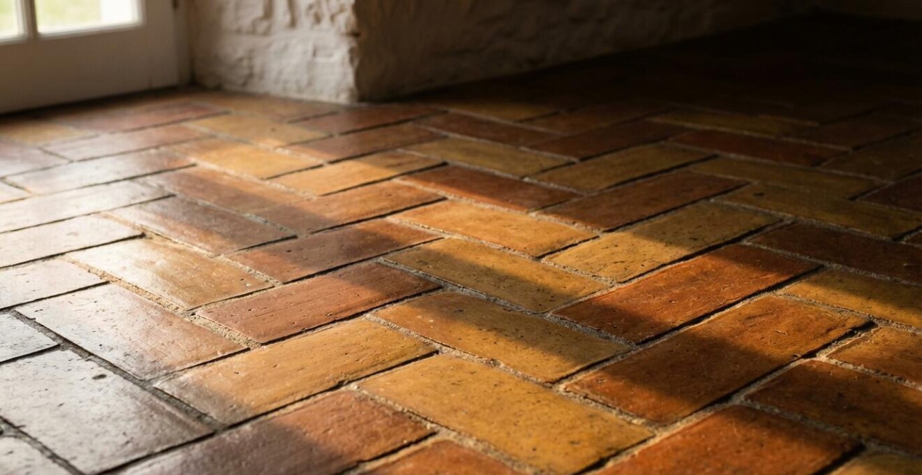 Suelo de baldosas de barro cocido con pátina natural mostrando variaciones de color y textura artesanal