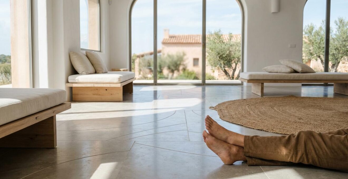 Interior de hogar español con suelo refrescante en funcionamiento durante el verano