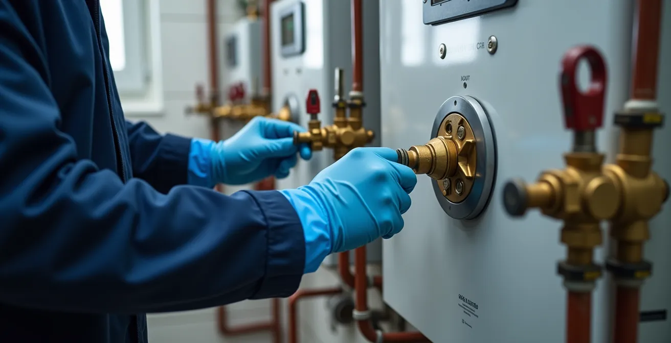 Técnico profesional revisando una caldera de gas doméstica con herramientas especializadas