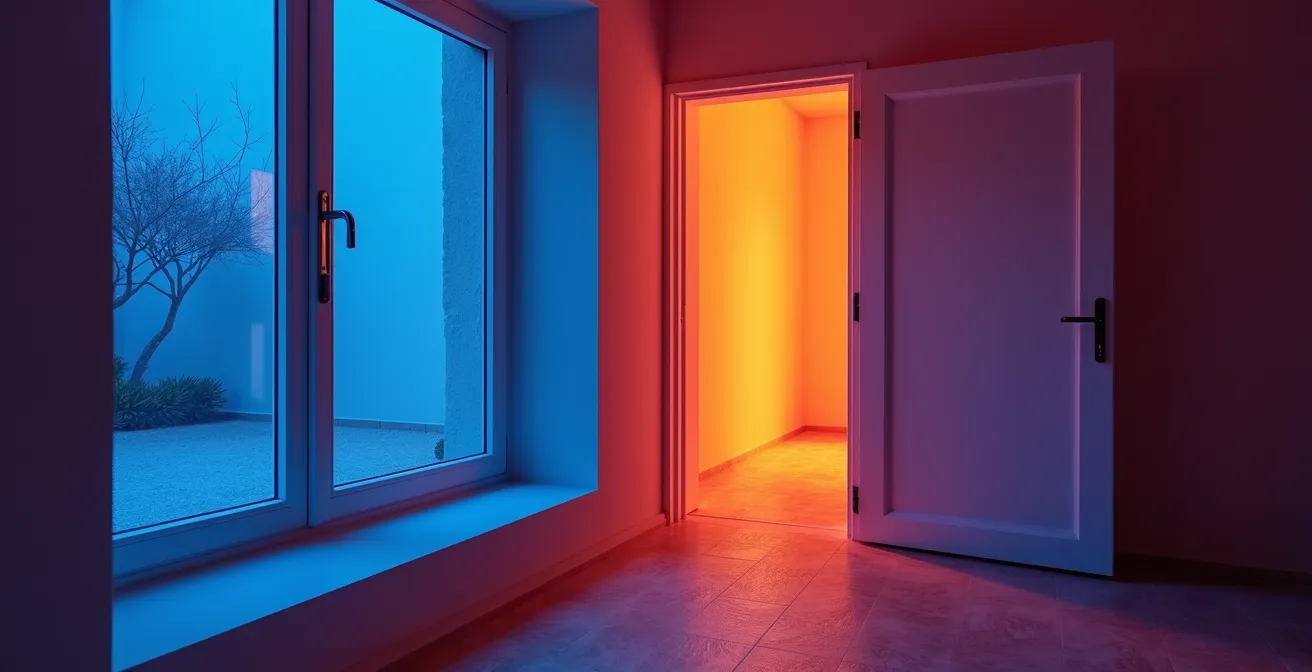 Imagen termográfica mostrando pérdidas de calor en ventanas de una vivienda española