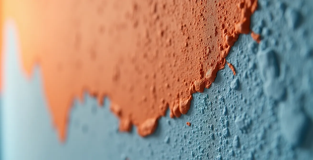 Vista macro de una pared con textura de yeso mostrando diferencias de temperatura mediante colores cálidos y fríos