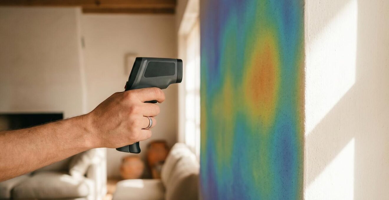 Mano sosteniendo termómetro infrarrojo apuntando a pared interior mostrando temperatura uniforme