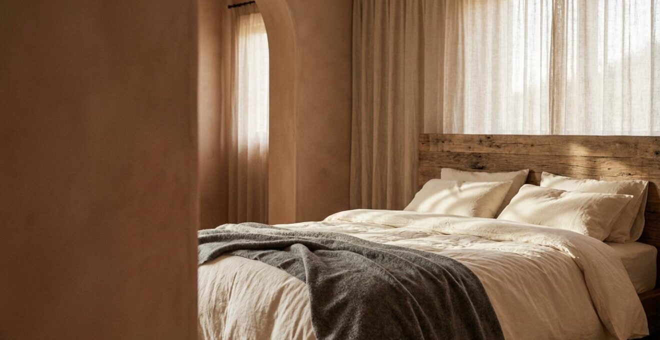 Dormitorio sereno con textiles naturales y luz suave que muestra el contraste entre fibras orgánicas y sintéticas