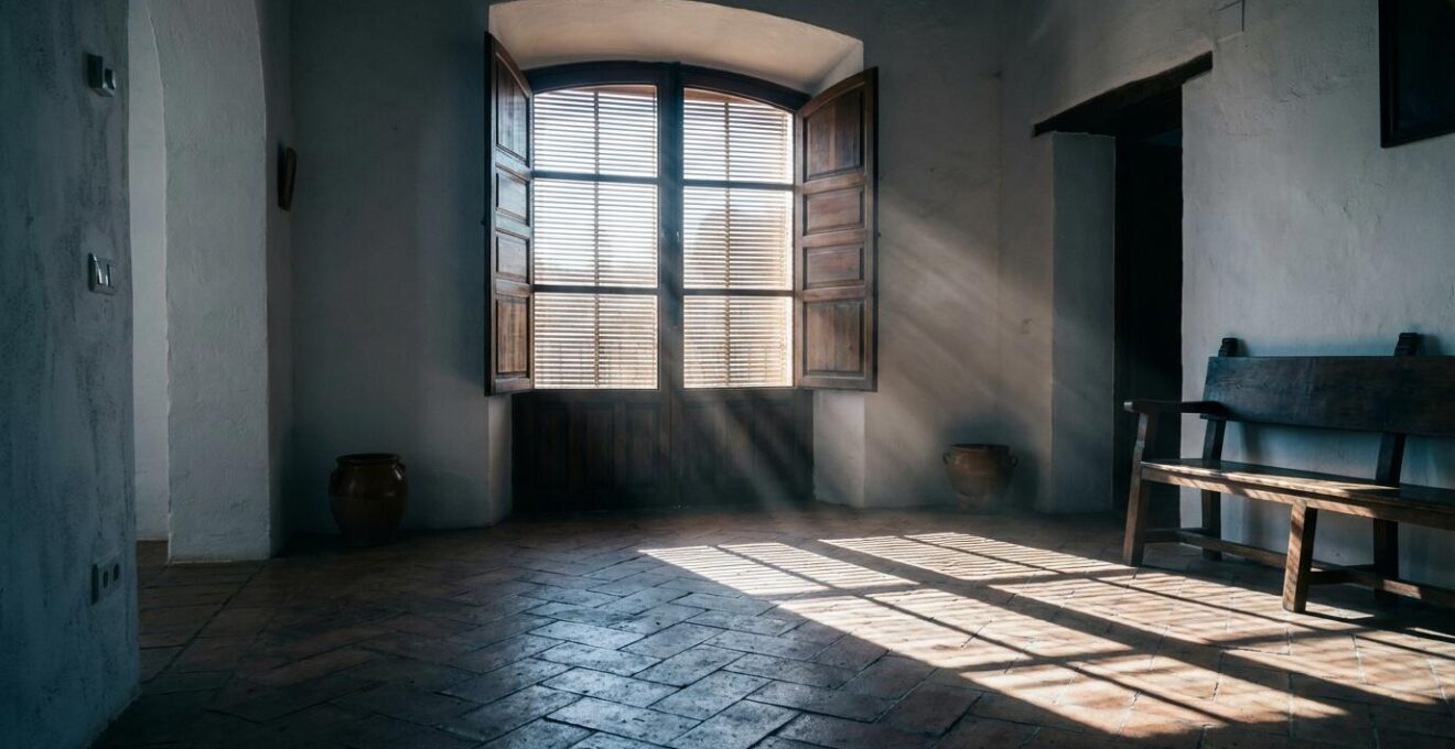 Ventana con persiana alicantina tradicional controlando entrada de sol en vivienda mediterránea