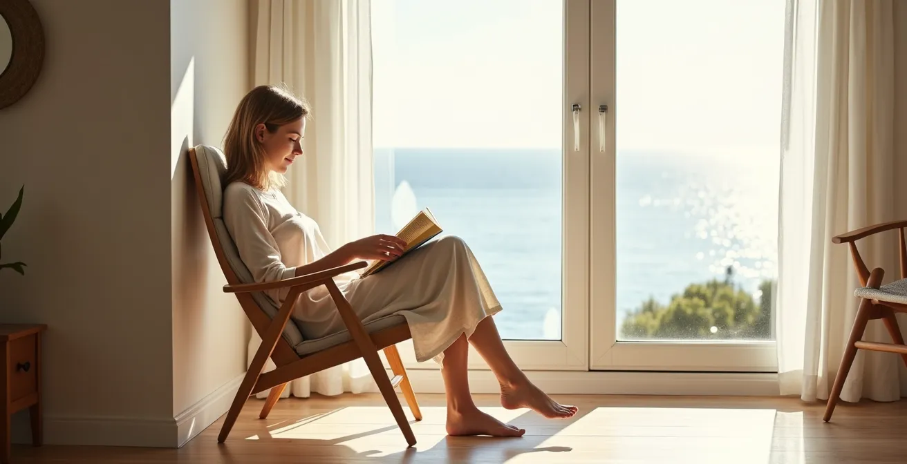 Interior luminoso con gran ventanal orientado al sur mostrando el control de luz natural sin sobrecalentamiento