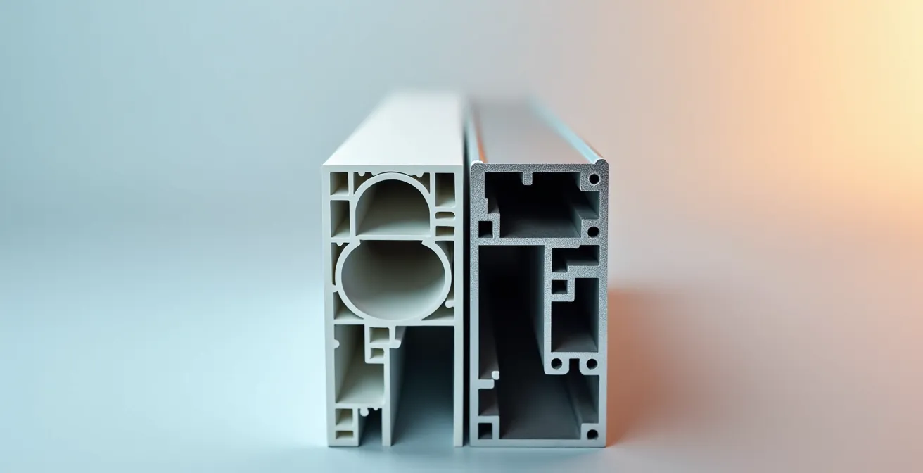 Comparación visual de marcos de ventana PVC y aluminio con rotura de puente térmico