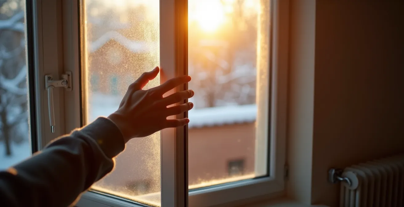 Ventana con apertura oscilobatiente mostrando ventilación controlada en invierno