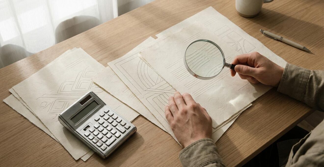 Profesional revisando documentos legales en escritorio con papeles de propiedad y calculadora