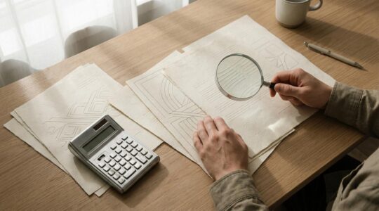 Profesional revisando documentos legales en escritorio con papeles de propiedad y calculadora