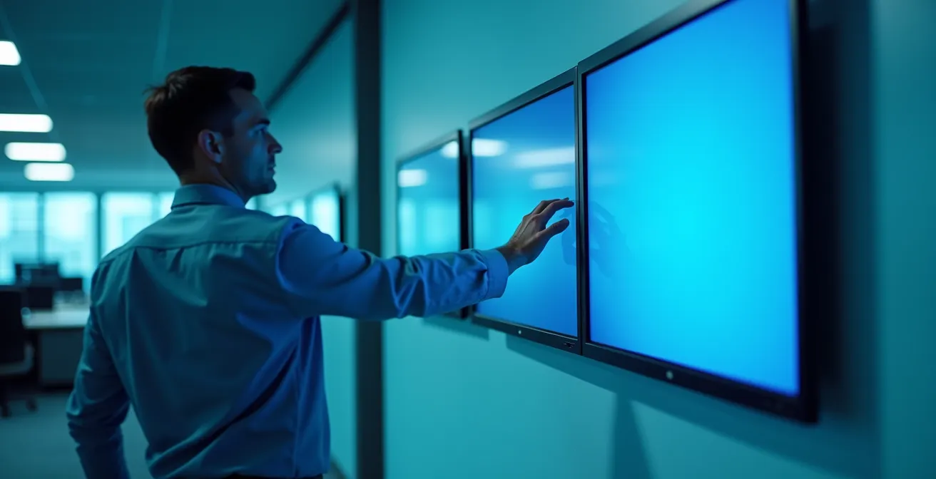 Centro de control de seguridad con monitores mostrando imágenes de vigilancia