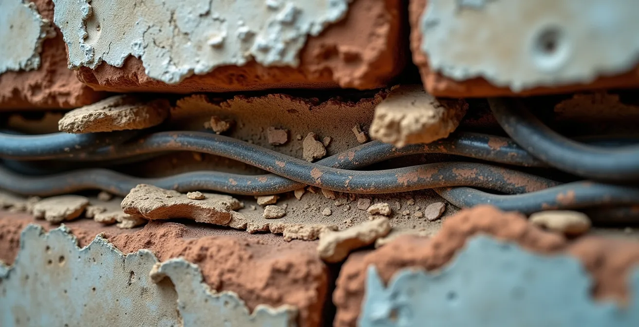 Detalle macro de pared antigua mostrando diferentes capas de construcción y posibles problemas estructurales
