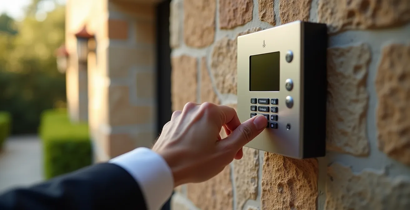 Sistema de videoportero KNX con panel de control y cámaras de seguridad en entrada de villa
