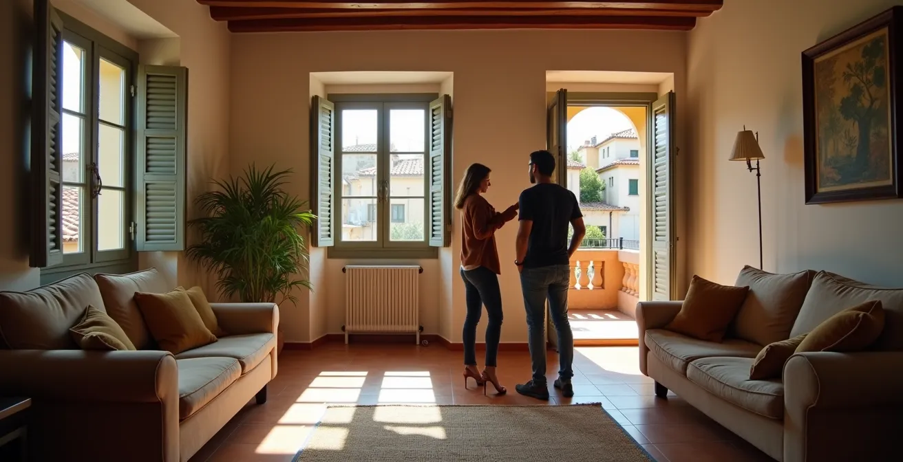 Propietario mostrando apartamento a posible inquilino en salón luminoso con ventanas mediterráneas