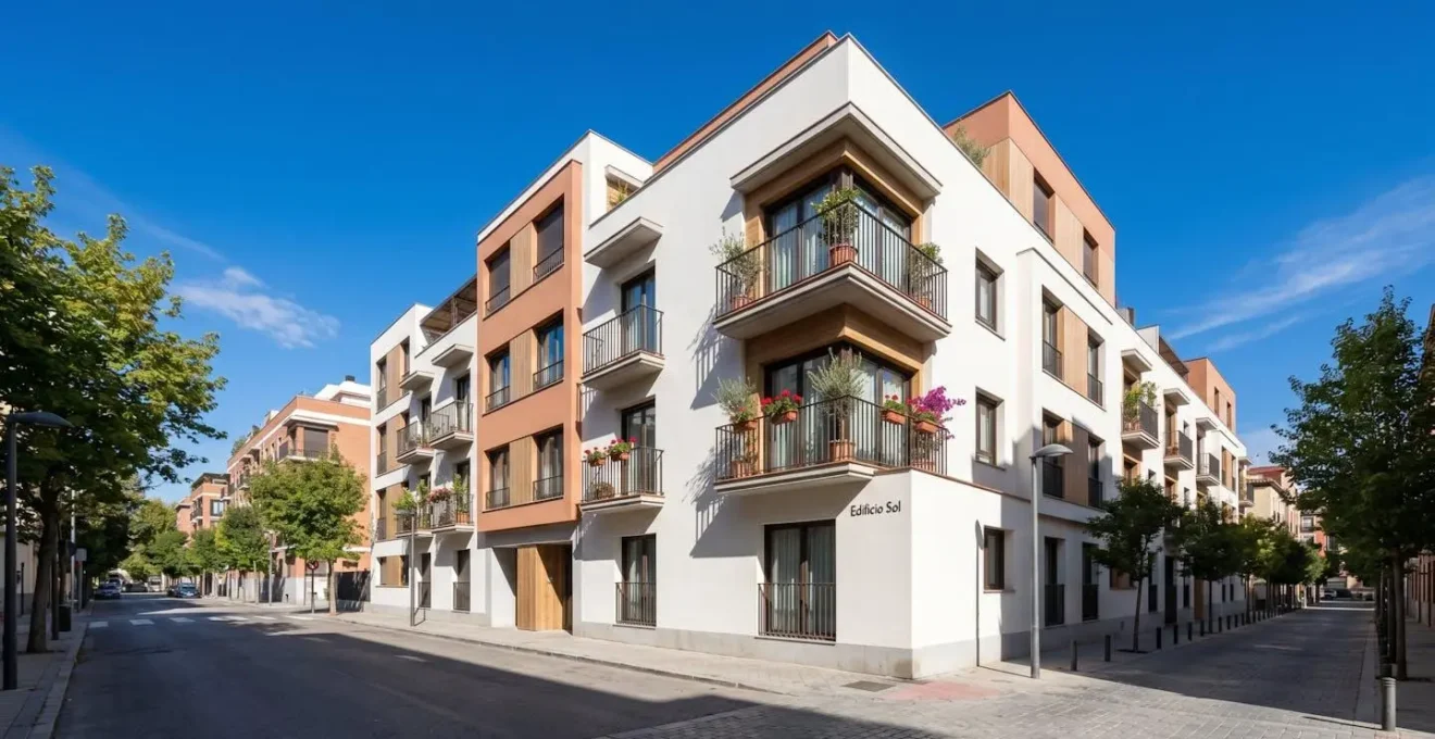 Fachada de edificio residencial moderno español con arquitectura contemporánea y balcones típicos bajo luz natural diurna