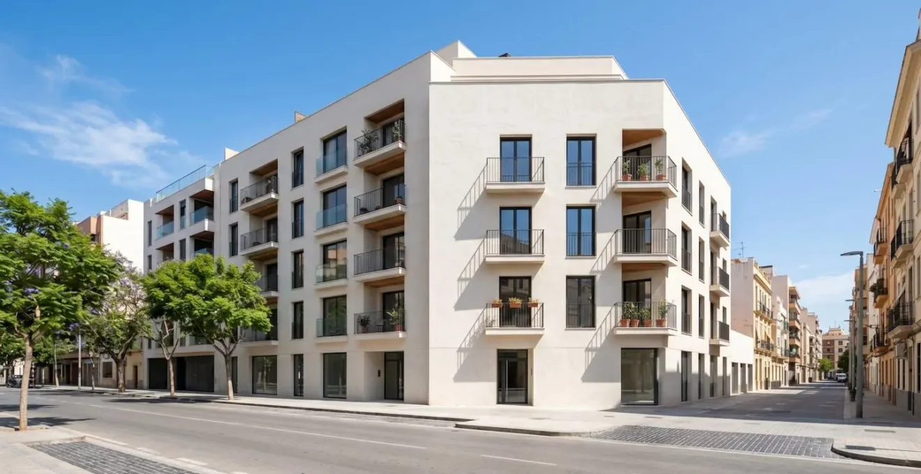 Fachada de edificio residencial moderno español con arquitectura contemporánea y balcones típicos bajo luz natural diurna