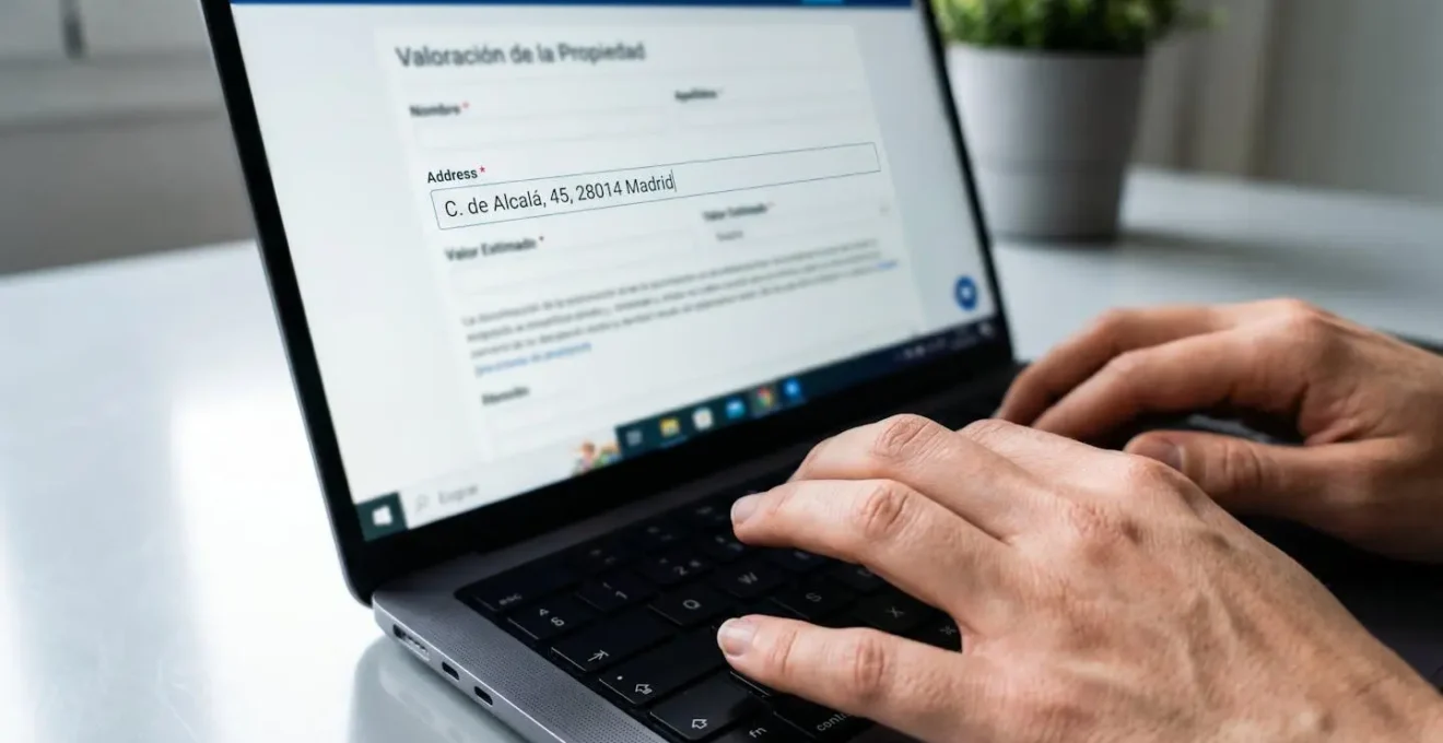 Primer plano de manos tecleando en teclado de ordenador portátil con formulario de tasación visible pero borroso en pantalla