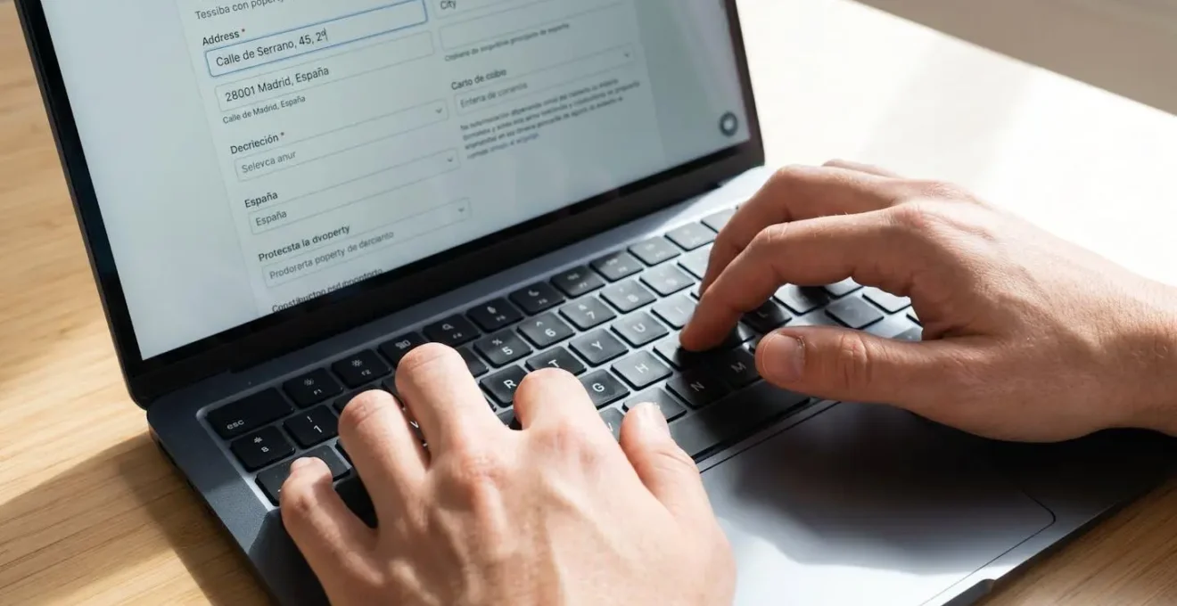 Primer plano de manos tecleando en teclado de ordenador portátil con formulario de tasación visible pero borroso en pantalla