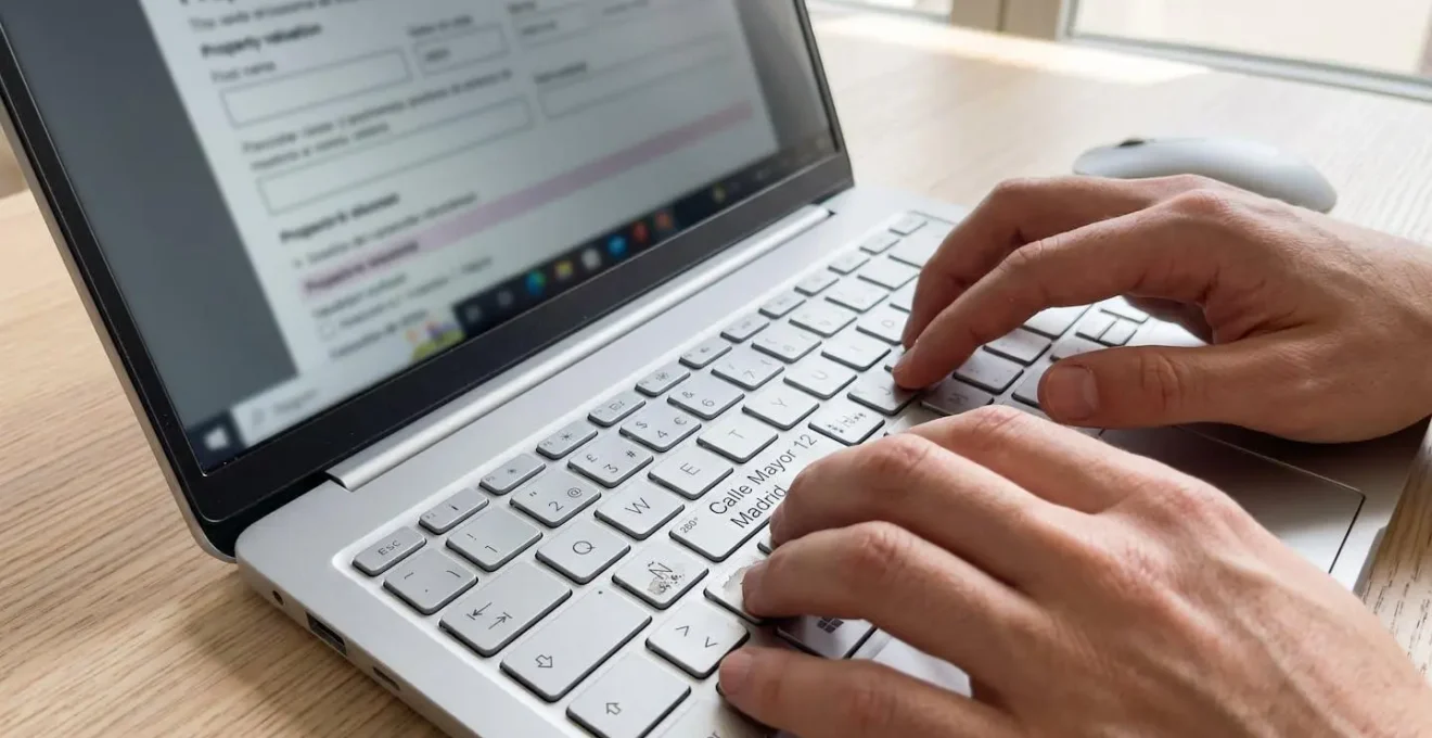 Primer plano de manos tecleando en teclado de ordenador portátil con formulario de tasación visible pero borroso en pantalla