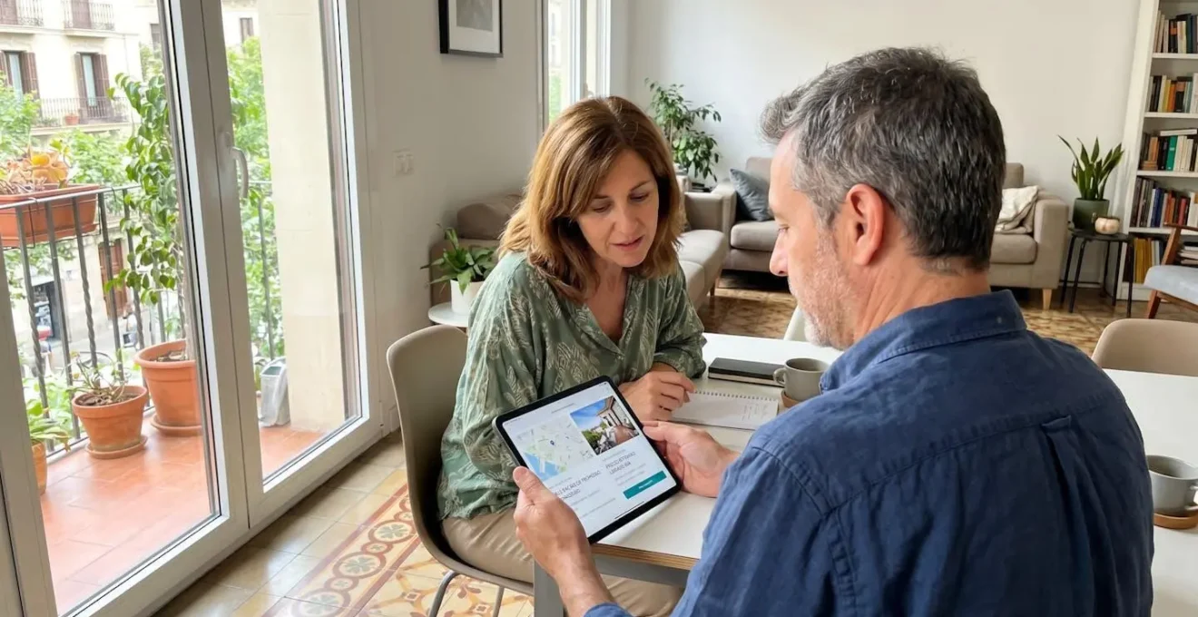 Pareja española de mediana edad consultando juntos una tableta en el salón de su vivienda con luz natural
