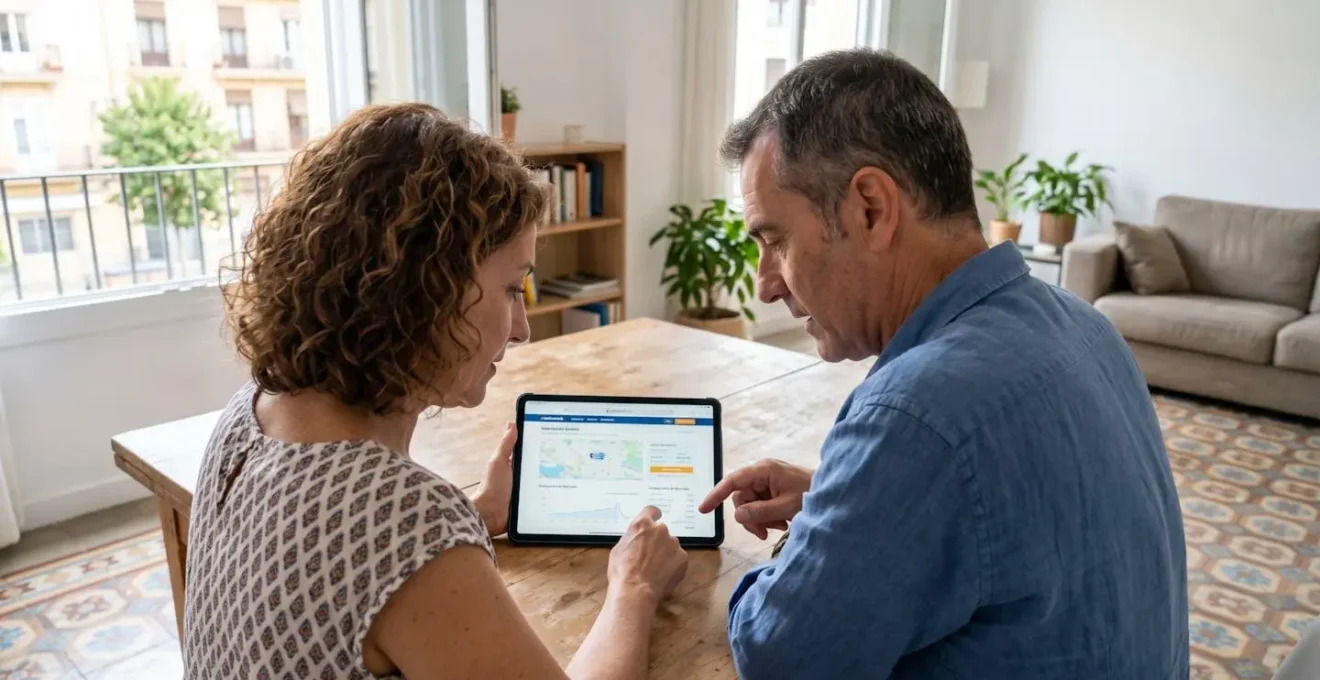Pareja española de mediana edad consultando juntos una tableta en el salón de su vivienda con luz natural