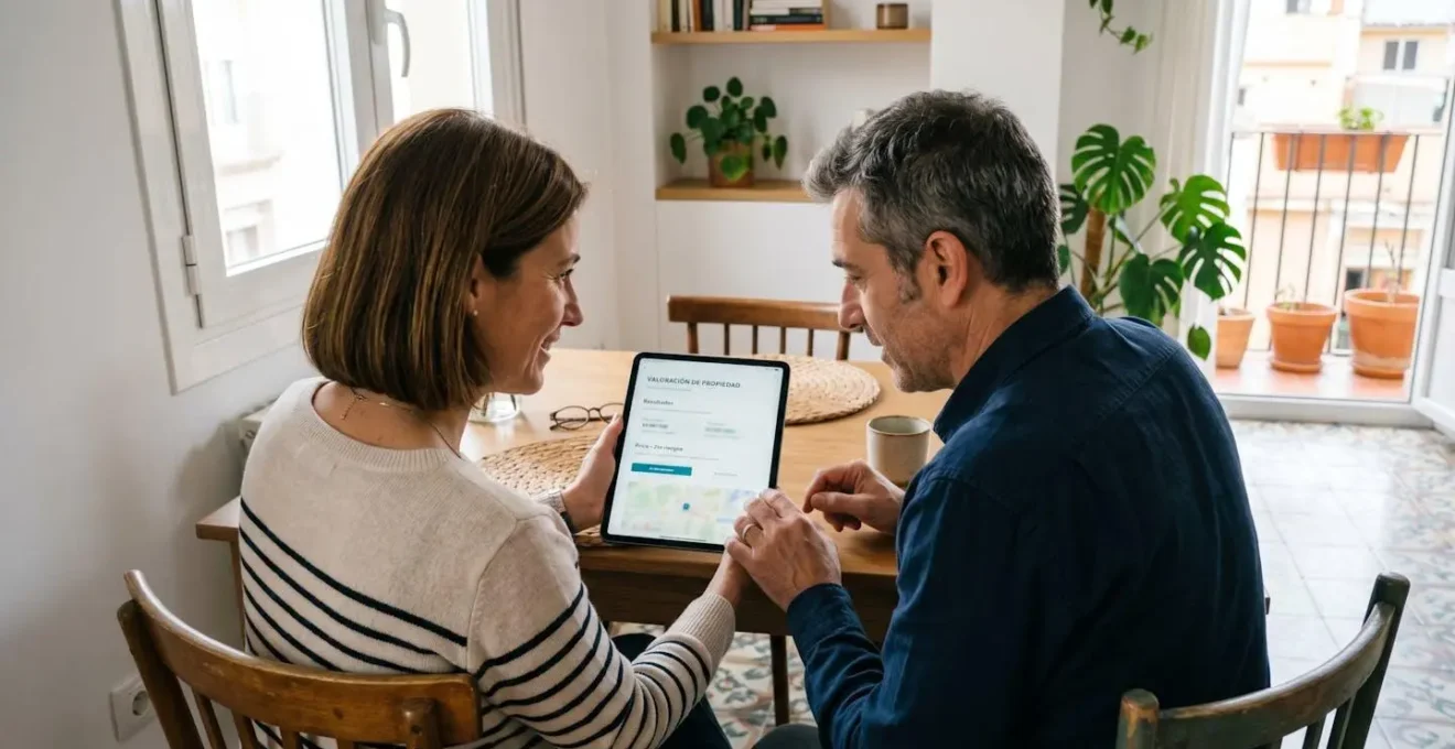 Pareja española de mediana edad consultando juntos una tableta en el salón de su vivienda con luz natural