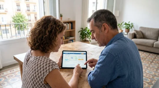 Pareja española de mediana edad consultando juntos una tableta en el salón de su vivienda con luz natural