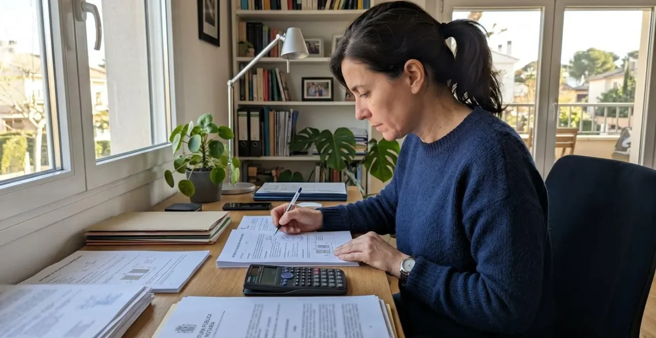 Vista lateral de persona revisando documento de valoración inmobiliaria en escritorio con calculadora y papeles borrosos