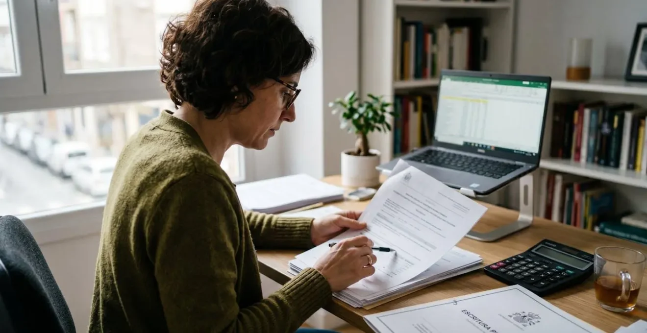 Vista lateral de persona revisando documento de valoración inmobiliaria en escritorio con calculadora y papeles borrosos