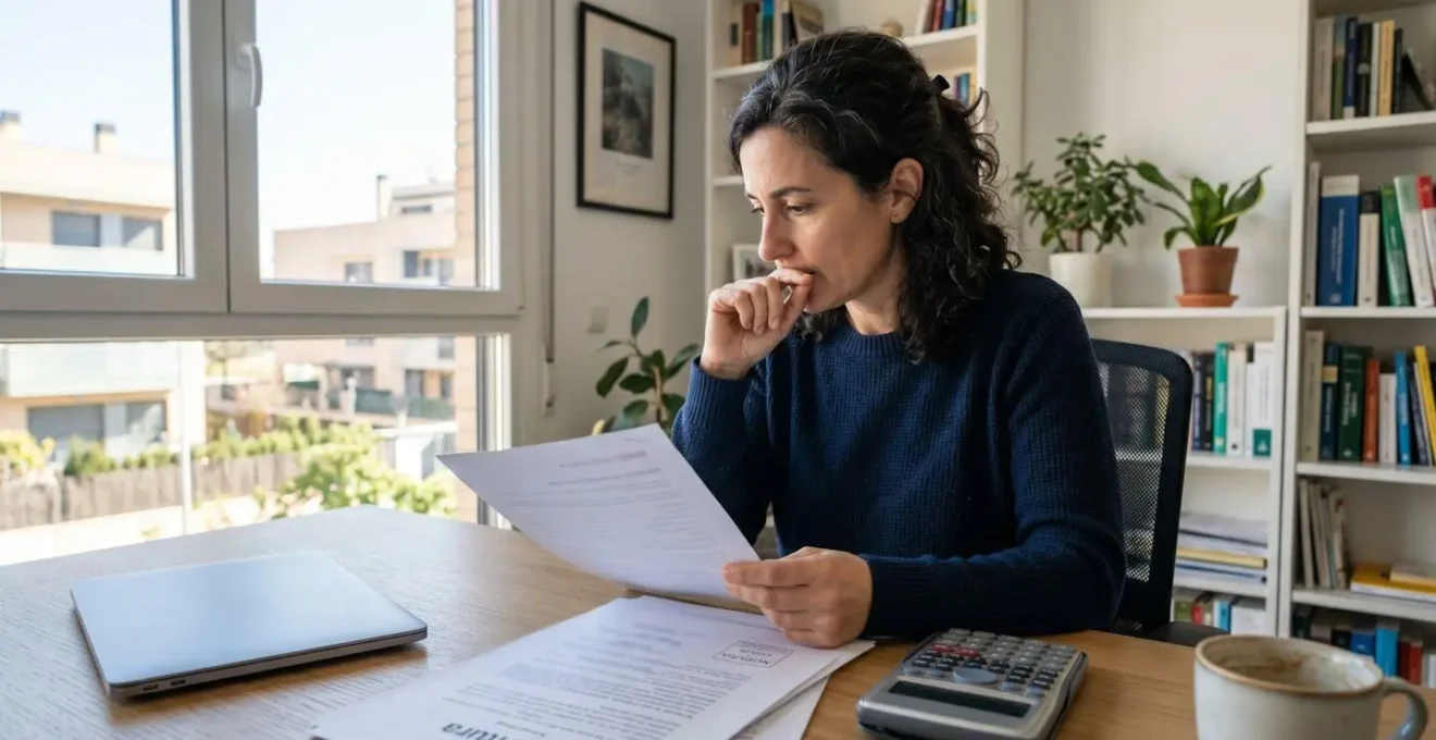 Vista lateral de persona revisando documento de valoración inmobiliaria en escritorio con calculadora y papeles borrosos